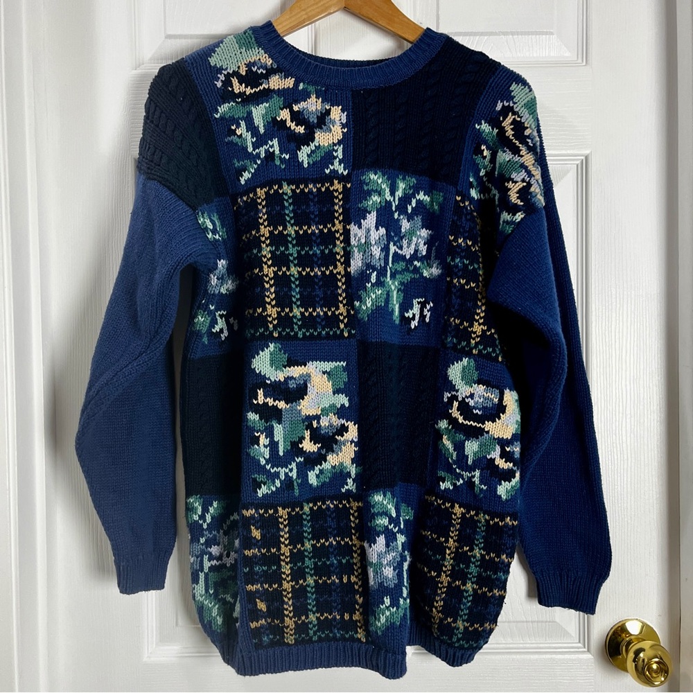 Kari 100% Cotton Patchwork Sweater | Floral Plaid Cottagecore Knit | Vintage 90s